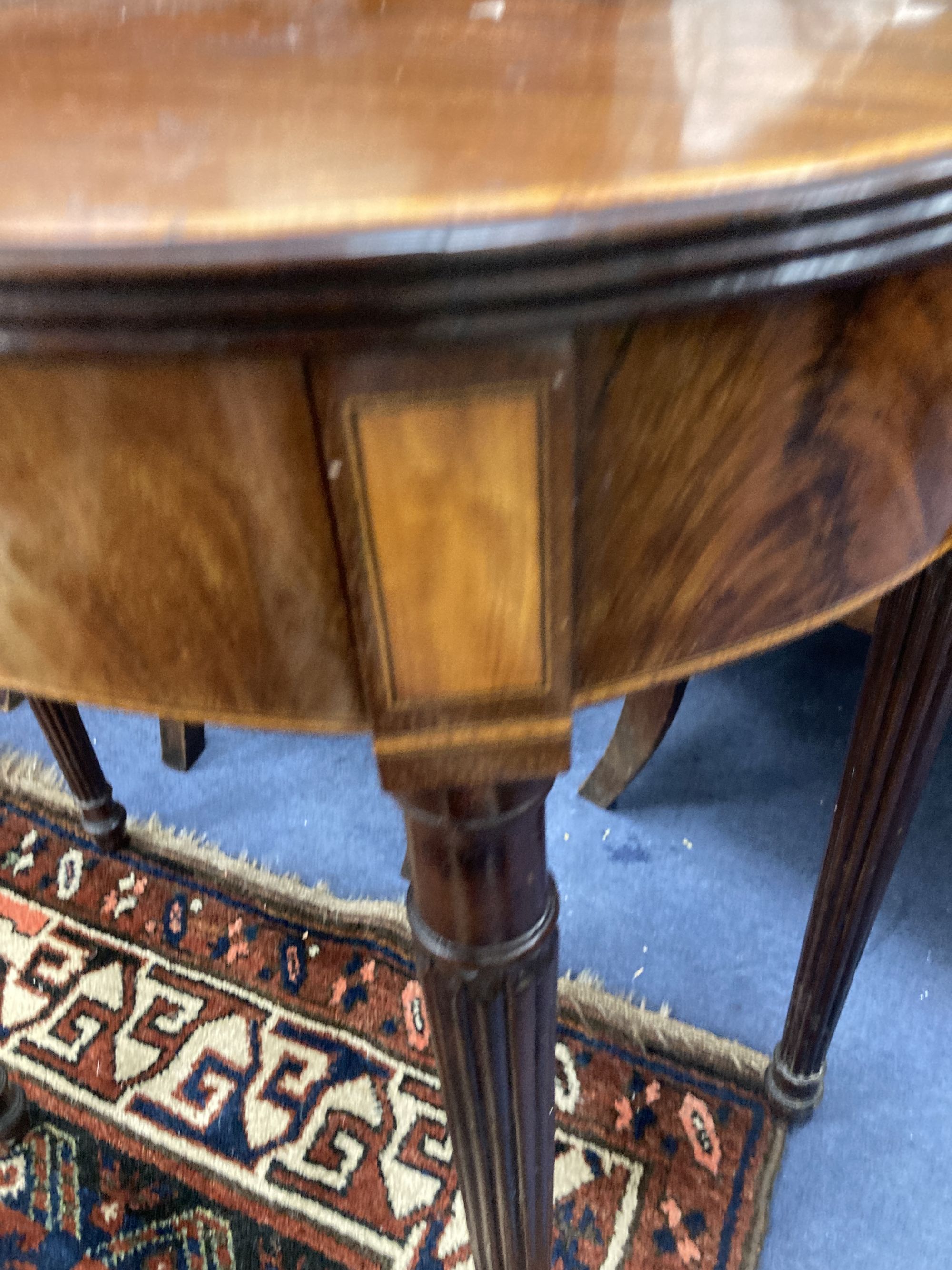 A late George III satinwood banded mahogany D shaped side table, fitted frieze drawer, width 71cm, depth 35cm, height 75cm